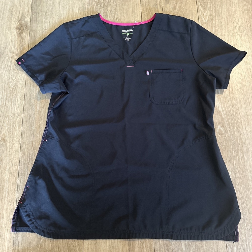 Scrubstar‎ Women's Black V Neck Short Sleeve Scrub Top Pockets Medical Large